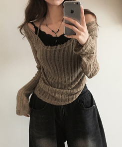 ニット シースルーバックリボンニット KHAKI