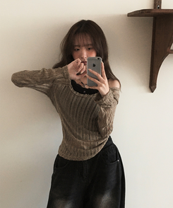 ニット シースルーバックリボンニット KHAKI