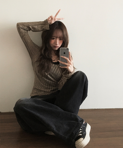 ニット シースルーバックリボンニット KHAKI