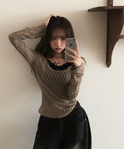 ニット シースルーバックリボンニット KHAKI