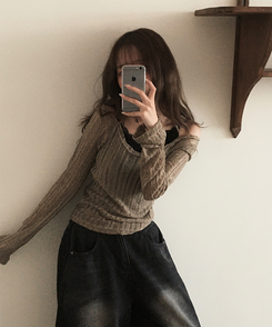 ニット シースルーバックリボンニット KHAKI
