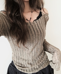 ニット シースルーバックリボンニット KHAKI