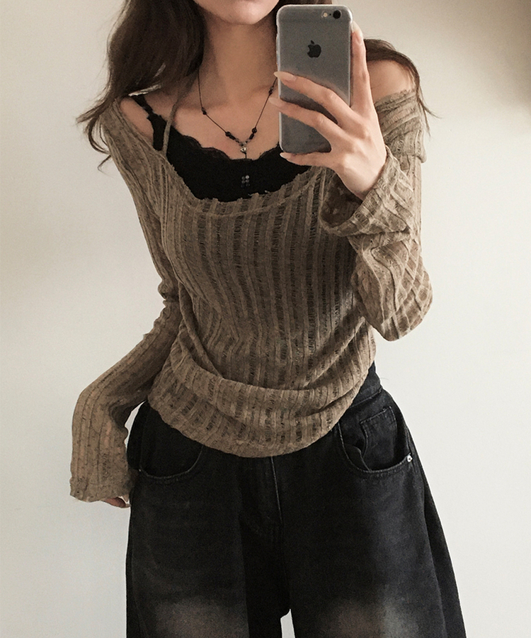 シースルーバックリボンニット KHAKI