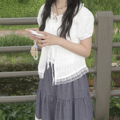 リボンレース半袖ブラウス WHITE