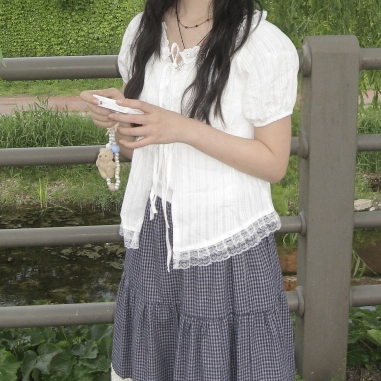リボンレース半袖ブラウス WHITE