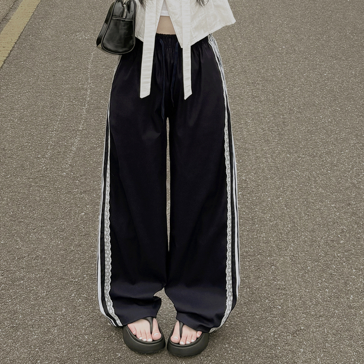 여름재질 나일론 레이스 두줄 네줄 라인 밴딩 스트링 트랙 롱팬츠 스포티스파이스 네이비