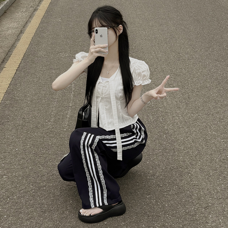 [청순힙/레이스point!] 여름재질 나일론 레이스 두줄 네줄 라인 밴딩 스트링 트랙 롱팬츠 스포티스파이스  네이비