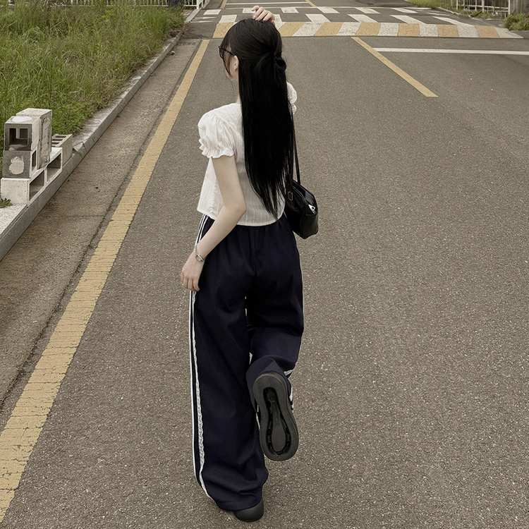 [청순힙/레이스point!] 여름재질 나일론 레이스 두줄 네줄 라인 밴딩 스트링 트랙 롱팬츠 스포티스파이스  네이비