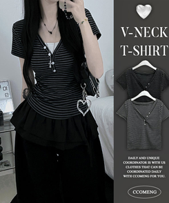 ストライプボタン半袖Tシャツ CHARCOAL