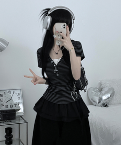 ストライプボタン半袖Tシャツ CHARCOAL
