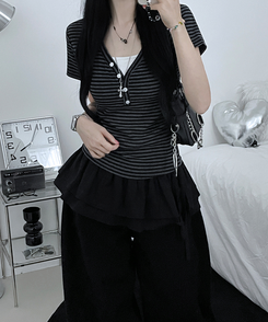 ストライプボタン半袖Tシャツ CHARCOAL