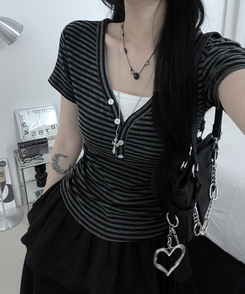 ストライプボタン半袖Tシャツ CHARCOAL