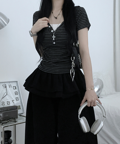ストライプボタン半袖Tシャツ CHARCOAL