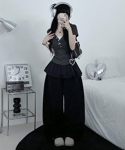 ストライプボタン半袖Tシャツ CHARCOAL