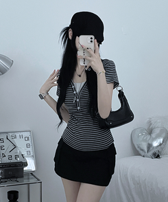 ストライプボタン半袖Tシャツ GREY