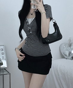 ストライプボタン半袖Tシャツ GREY