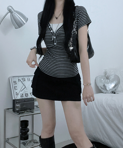 ストライプボタン半袖Tシャツ GREY