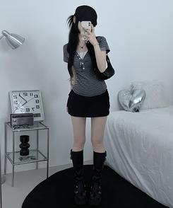 ストライプボタン半袖Tシャツ GREY