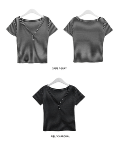 ストライプボタン半袖Tシャツ