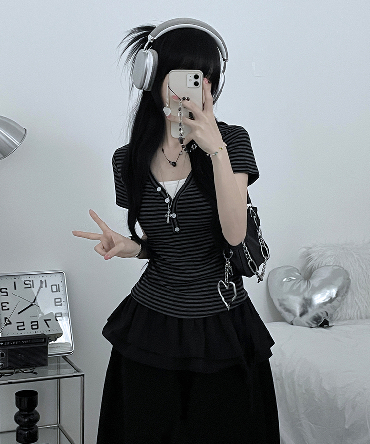 ストライプボタン半袖Tシャツ CHARCOAL