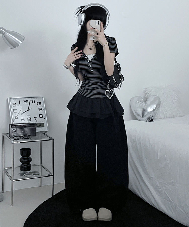 ストライプボタン半袖Tシャツ CHARCOAL