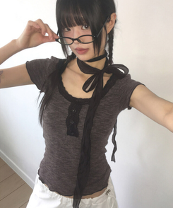 半袖Tシャツ 【マフラー付き】レースボタン半袖Tシャツ BLACK