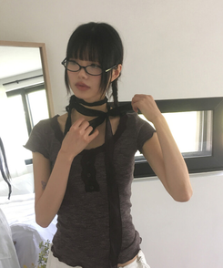 半袖Tシャツ 【マフラー付き】レースボタン半袖Tシャツ BLACK