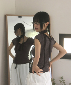 半袖Tシャツ 【マフラー付き】レースボタン半袖Tシャツ BLACK