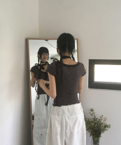 半袖Tシャツ 【マフラー付き】レースボタン半袖Tシャツ BLACK