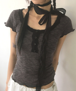 半袖Tシャツ 【マフラー付き】レースボタン半袖Tシャツ BLACK