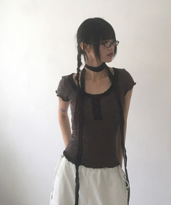 半袖Tシャツ 【マフラー付き】レースボタン半袖Tシャツ BLACK