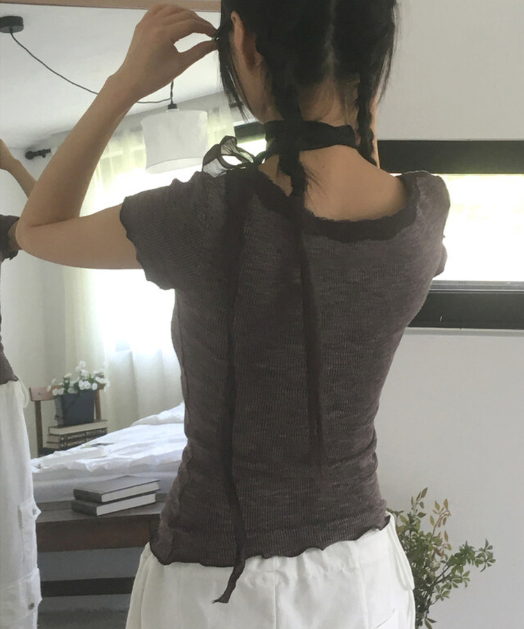【マフラー付き】レースボタン半袖Tシャツ BLACK