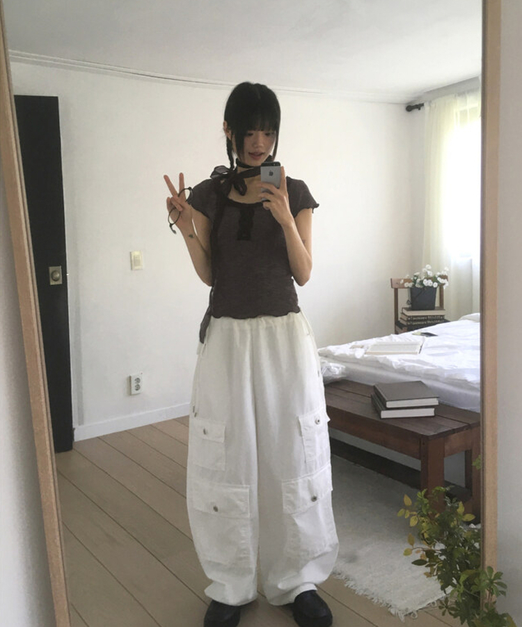 【マフラー付き】レースボタン半袖Tシャツ BLACK