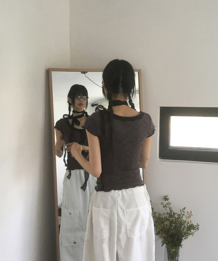 【マフラー付き】レースボタン半袖Tシャツ BLACK
