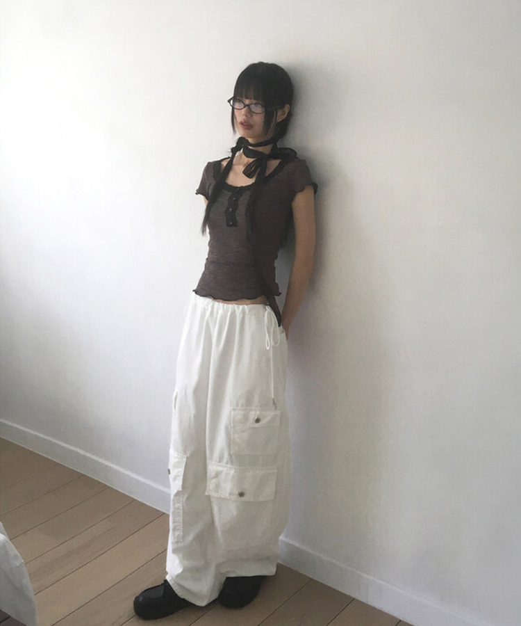 【マフラー付き】レースボタン半袖Tシャツ BLACK