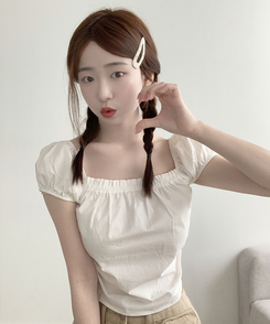 [코디추천/러블리] 뮤치 체크&무지 퍼프소매 스모크 밴딩 오프넥 스퀘어넥 크롭 블라우스 화이트