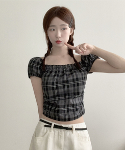 [코디추천/러블리] 뮤치 체크&무지 퍼프소매 스모크 밴딩 오프넥 스퀘어넥 크롭 블라우스 체크블랙