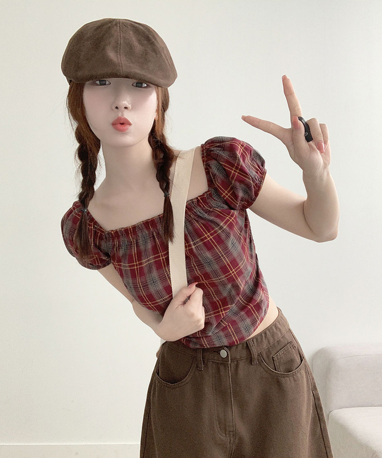 [코디추천/러블리] 뮤치 체크&무지 퍼프소매 스모크 밴딩 오프넥 스퀘어넥 크롭 블라우스 레드