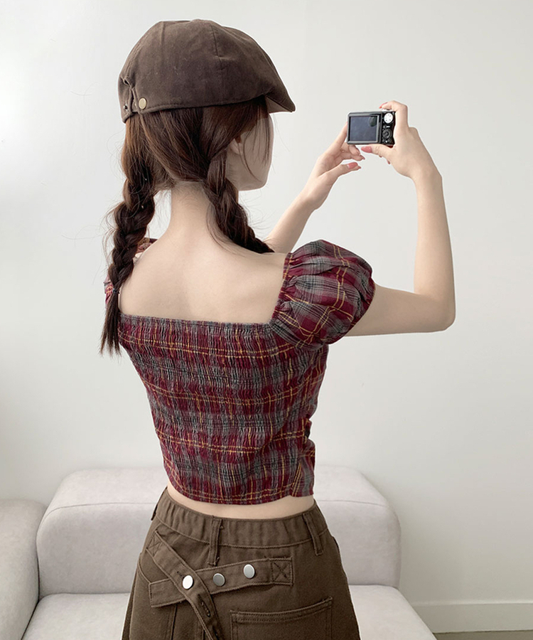 [코디추천/러블리] 뮤치 체크&무지 퍼프소매 스모크 밴딩 오프넥 스퀘어넥 크롭 블라우스 레드