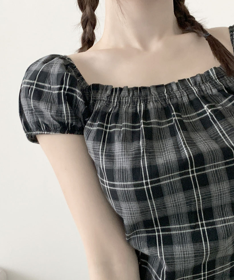 [코디추천/러블리] 뮤치 체크&무지 퍼프소매 스모크 밴딩 오프넥 스퀘어넥 크롭 블라우스 체크블랙