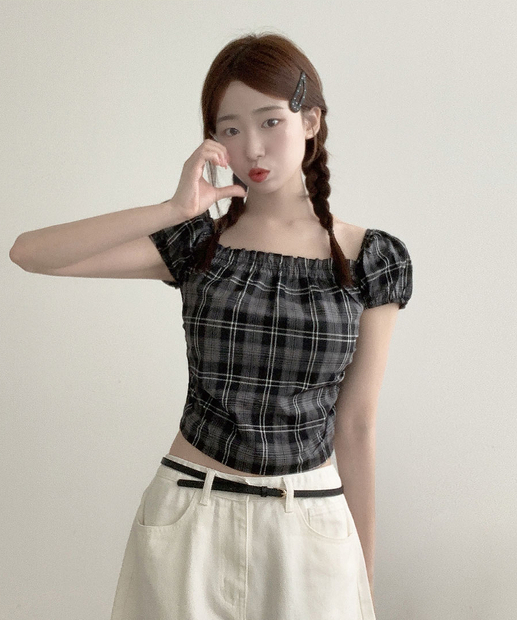 [코디추천/러블리] 뮤치 체크&무지 퍼프소매 스모크 밴딩 오프넥 스퀘어넥 크롭 블라우스 체크블랙