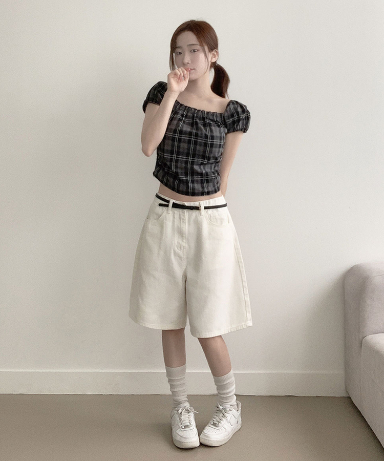 [코디추천/러블리] 뮤치 체크&무지 퍼프소매 스모크 밴딩 오프넥 스퀘어넥 크롭 블라우스 체크블랙