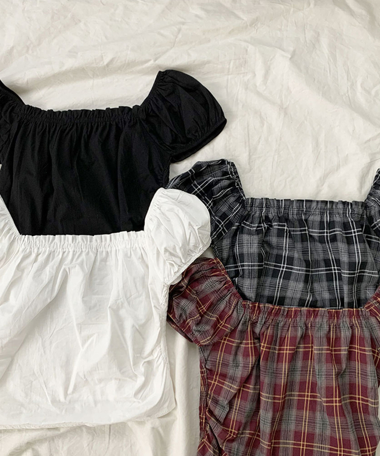 [코디추천/러블리] 뮤치 체크&무지 퍼프소매 스모크 밴딩 오프넥 스퀘어넥 크롭 블라우스