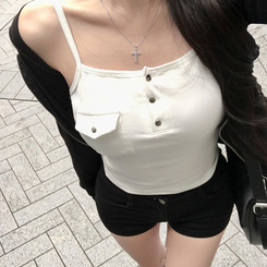 ノースリーブ 【カップ付き】ボタンスクエアスリムキャミソール WHITE