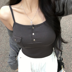 ノースリーブ 【カップ付き】ボタンスクエアスリムキャミソール GREY