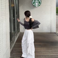 ノースリーブ 【カップ付き】ボタンスクエアスリムキャミソール GREY