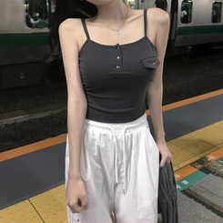 ノースリーブ 【カップ付き】ボタンスクエアスリムキャミソール GREY