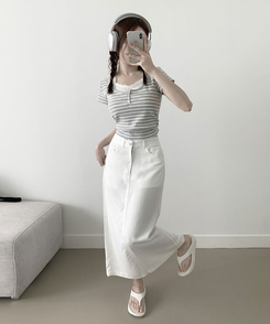 [뒷트임/롱다리핏] 디쥬 허리밴딩 뒷트임 쿨링 리오셀 원단 여름 숏&롱스커트 화이트