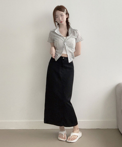 [뒷트임/롱다리핏] 디쥬 허리밴딩 뒷트임 쿨링 리오셀 원단 여름 숏&롱스커트 블랙