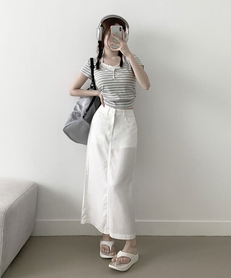 [뒷트임/롱다리핏] 디쥬 허리밴딩 뒷트임 쿨링 리오셀 원단 여름 숏&롱스커트 화이트